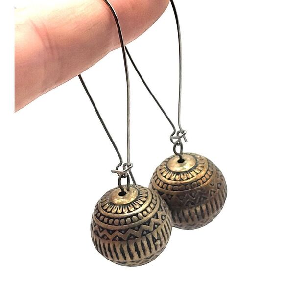 Bohemian Brass Ball Long French Hook Dangle Drop Earrings 3in - Picture 1 of 5
